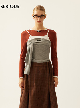 LACERTA 2026春夏新款撞色解构绑带假三件圆领长袖T恤女休闲上衣