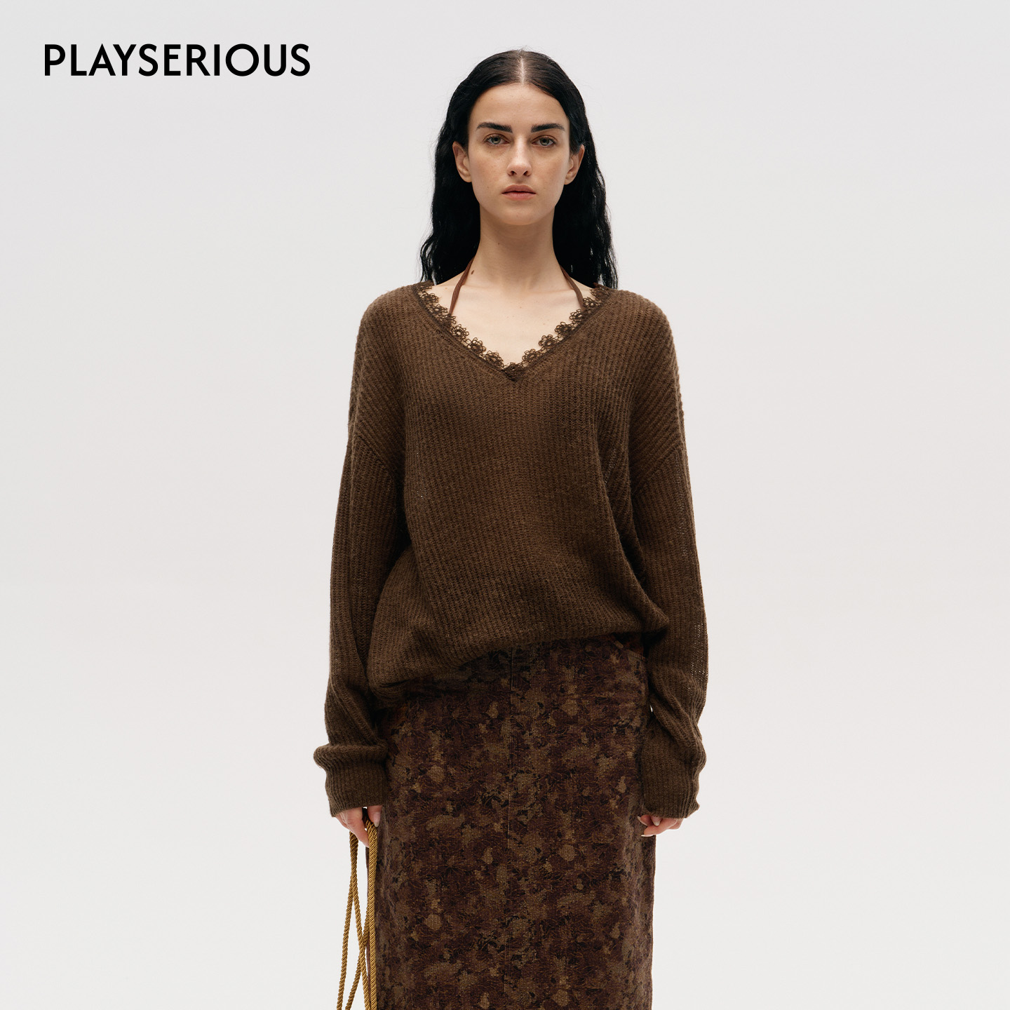 ICE DUST 2025秋季新款花边V领宽松针织衫女时尚休闲毛针织衫上衣