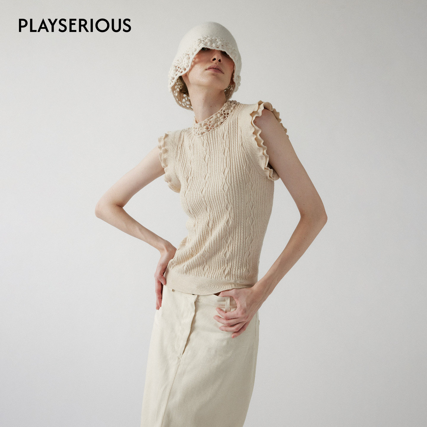 NONETONE 2026春季新款羊毛针织手钩花小飞袖上衣奶杏色显瘦上衣