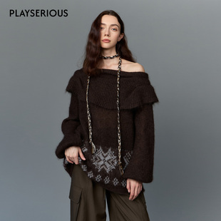 Clink Clunk2025秋季新款斜肩咖色毛衣女设计感慵懒宽松针织上衣