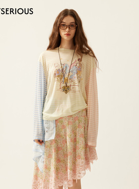 LACERTA 2026春夏新款撞色条纹涂鸦彩色天马印花长袖T恤女印花T恤