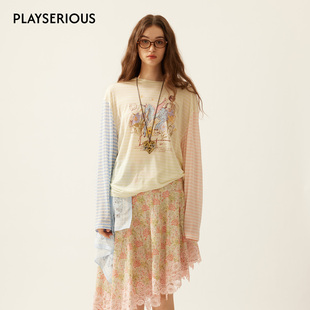 LACERTA 2026春夏新款撞色条纹涂鸦彩色天马印花长袖T恤女印花T恤