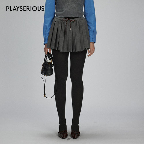 LACERTA 2025秋季新款抽绳精纺羊毛百褶短裙女士纯色时尚百搭短裙