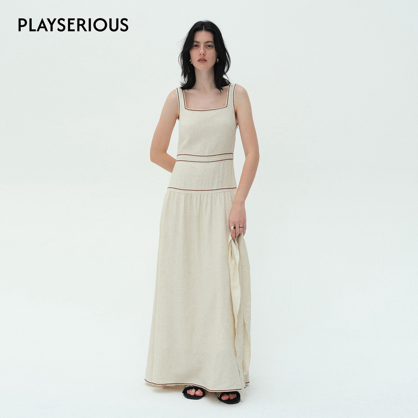 ii sense 2026早春新款亚麻彩纱兰花裙女休闲风修身收腰连衣裙