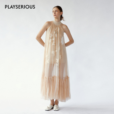 NONETONE 2026春夏新款贝母粉连衣裙女时尚优雅度假风挂脖长裙