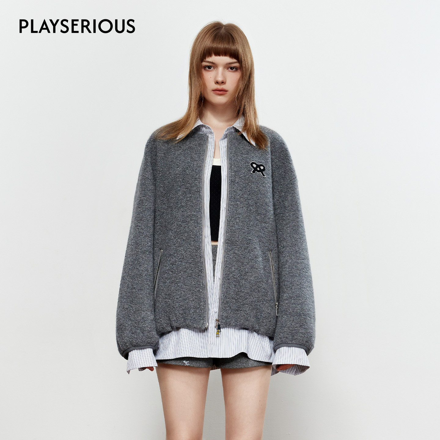 ROCHAROMMA 2025冬季新款假两件拼接毛绒夹克女柔系美式复古外套