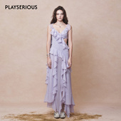 DEPLUMER 长裙 气质修身 2026春夏新款 荷叶边V领雪纺连衣裙女法式