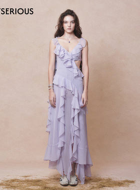 DEPLUMER 2026春夏新款荷叶边V领雪纺连衣裙女法式气质修身长裙