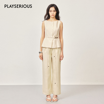 SSPARKLING2026春夏新款法式亚麻一字肩马甲流苏串珠直筒裤套装