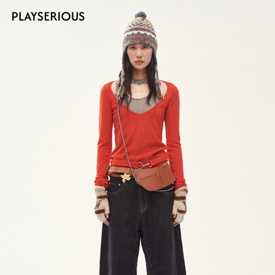 MEDIUM WELL 2025秋季新款假两件钩扣羊毛针织上衣女慵懒风针织衫