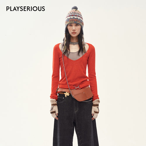 【明星同款】MEDIUM WELL 2025秋季新款假两件钩扣羊毛针织上衣女