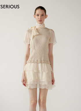 NONETONE 2026春季新款奶杏色羊毛手钩花拼接真丝短款层次连衣裙