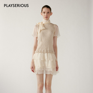 NONETONE 2026春夏新款奶杏色羊毛手钩花拼接真丝短款层次连衣裙