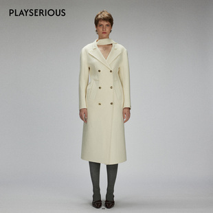 LACERTA 2025秋季新款白色飘带品牌经典修身沙漏羊毛双面呢长大衣