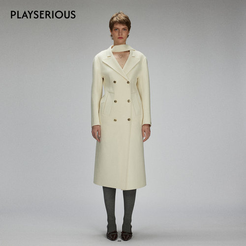 LACERTA 2025秋季新款白色飘带品牌经典修身沙漏羊毛双面呢长大衣