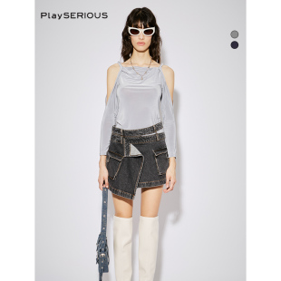 纽带褶皱露肩上衣显瘦气质长袖 CPLUS 新款 春季 T恤女 SERIES