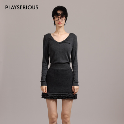 LACERTA 2025秋冬新款品牌基础纽结v领羊毛打底衫修身型休闲上衣