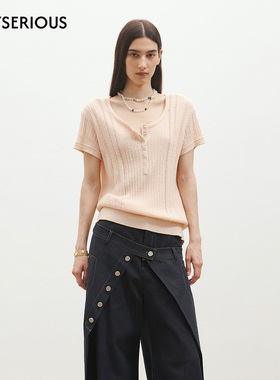 Medium Well 2026春夏新款圈圈纱镂空钩花亨利领T恤女休闲风上衣