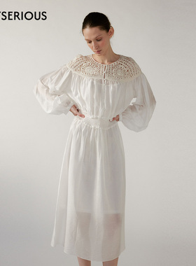 NONETONE 2026春季新款拼接长袖连衣裙女天丝混纺手钩针织长裙