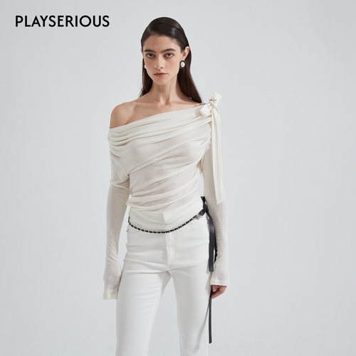 KINGWEN 2025秋季新款斜肩打褶蝴蝶结飘带上衣女时尚百搭长袖上衣