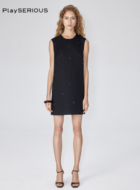 ICE DUST 春季新款黑色手工绣花钉珠背心裙女无袖宽松连衣裙