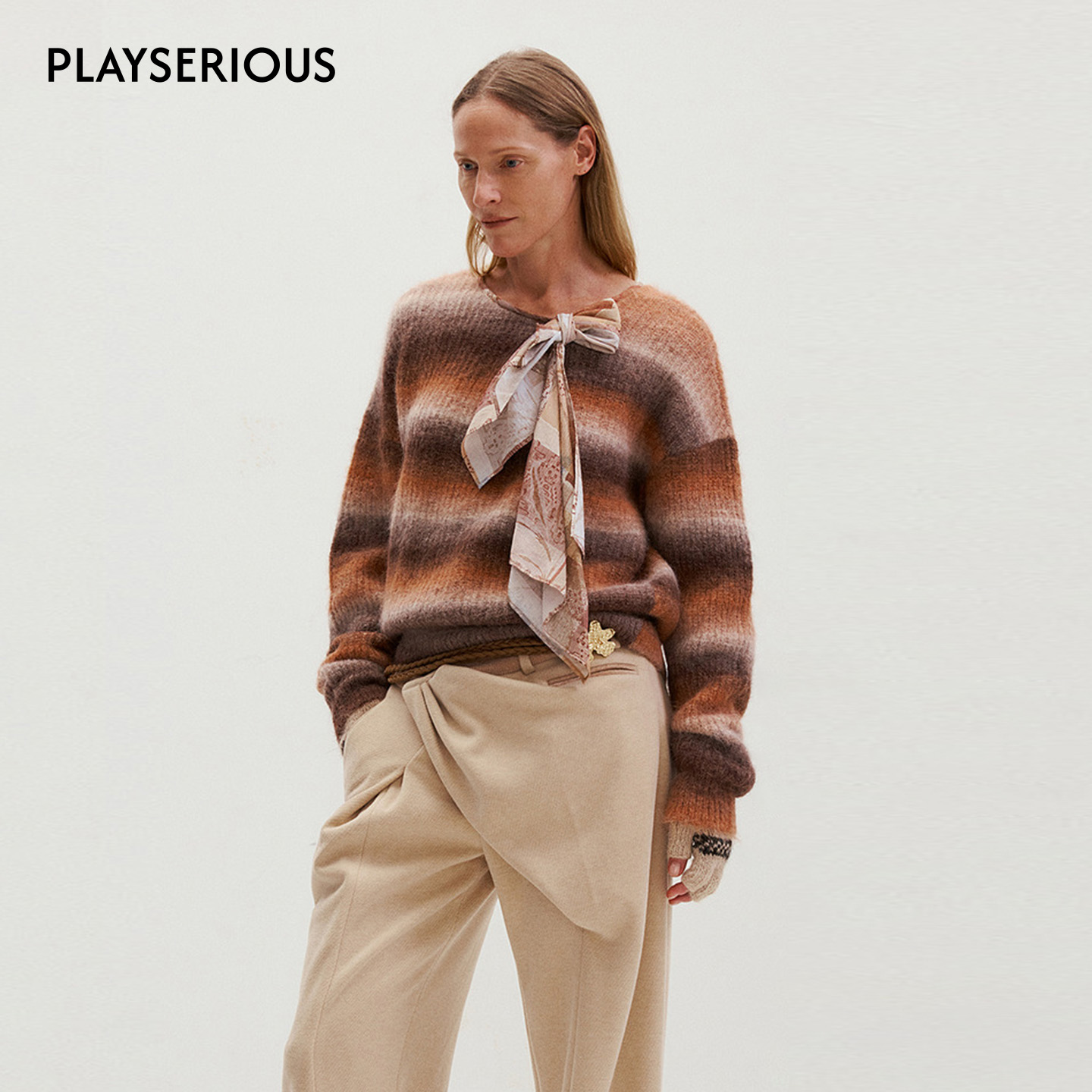 MEDIUM WELL 2025秋冬新款苏丽羊驼毛渐变飘带毛衣设计感慵懒上衣