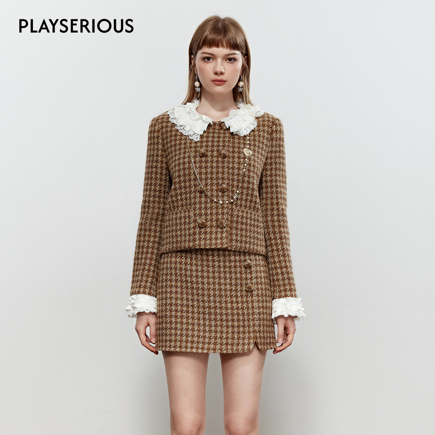 ROCHAROMMA 2025秋季新款花边领格纹外套开叉半裙两件套时尚套装