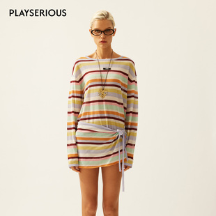 LACERTA 2026春夏新款锡切斯彩虹条针织长袖T恤一片式裹裙女