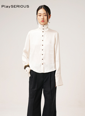 REFUSE CLUB 秋季新款白色高领单排扣衬衫女百搭翻领长袖衬衣