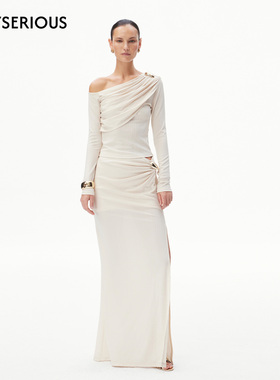 【慎婕同款】CNLEEWEI 26春季新款斜肩皱褶针织上衣半裙套装