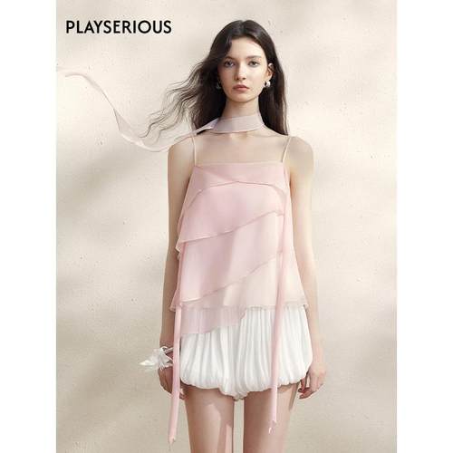 渐变透纱蛋糕背心（配飘带）