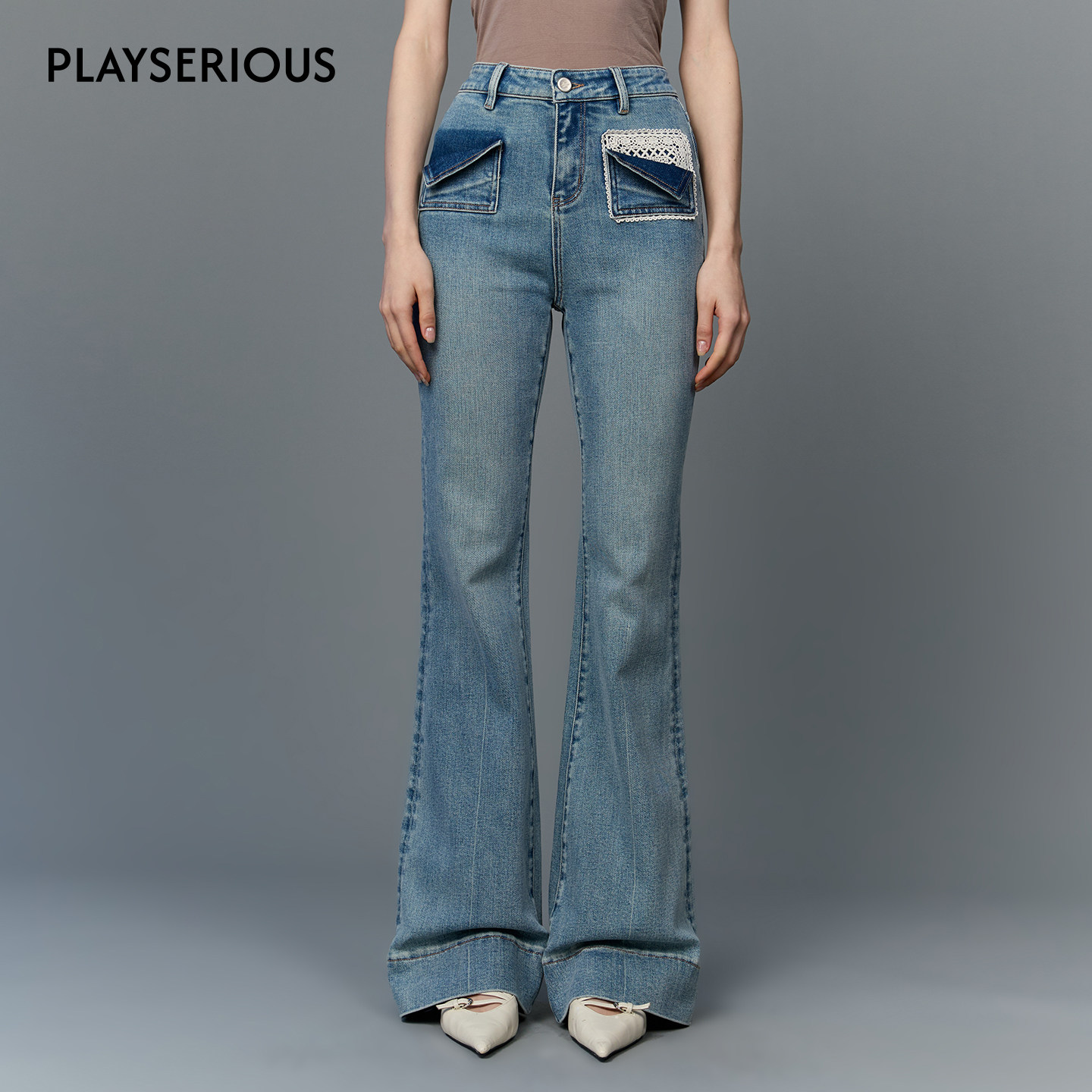 Clink Clunk2025秋季新款蕾丝弹力马蹄裤女蕾丝拼接设计感牛仔裤,女装/女士精品,牛仔裤,淘宝优惠券,粉丝福利购,淘宝优惠卷