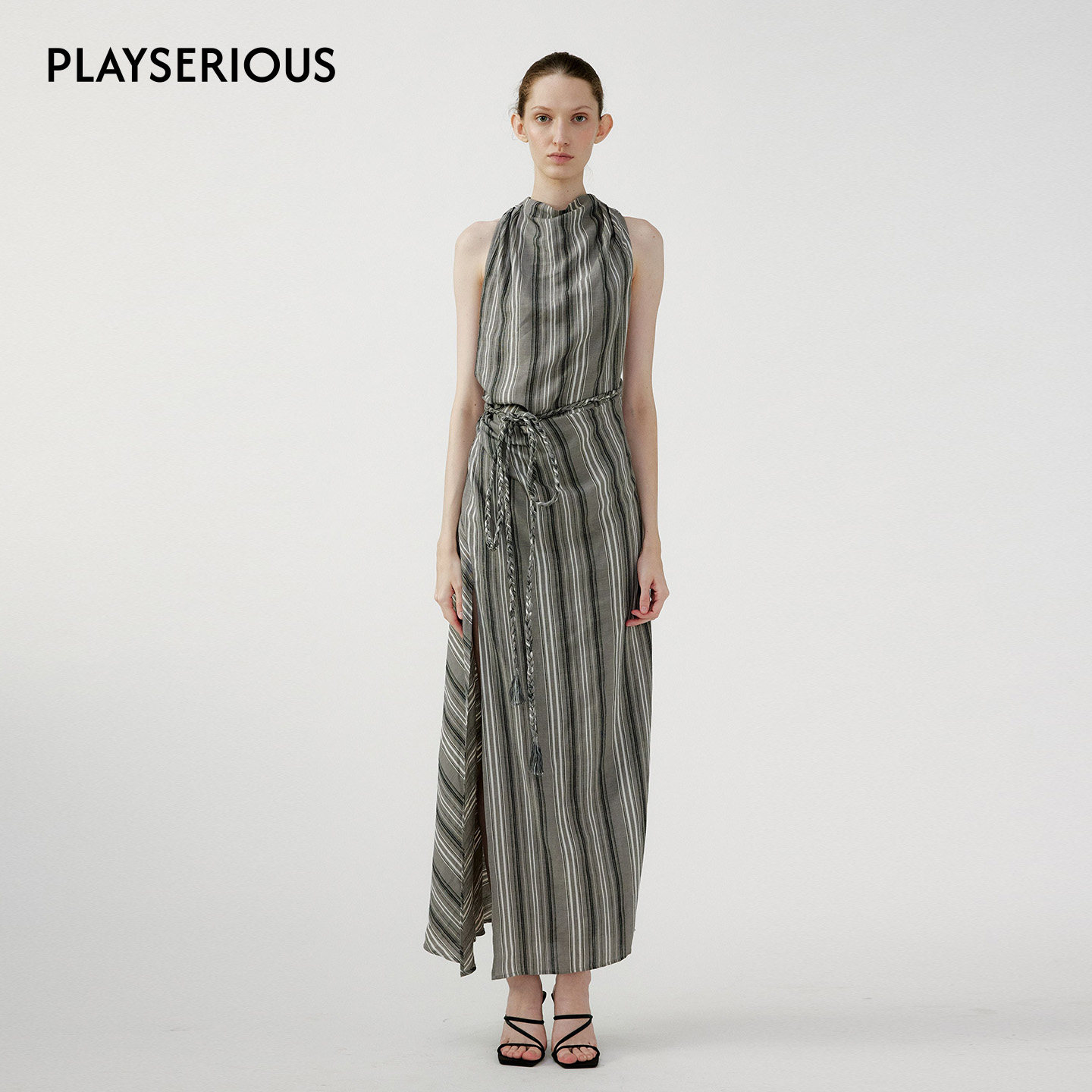 NONETONE 2026春季新款条纹斜裁编绳装饰连衣裙女亚麻休闲长裙