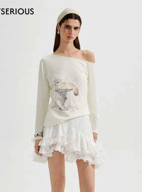 KINGWEN 2026春夏新款白色斜肩烫钻喷泉小猫印花T蓝色小马印花T女