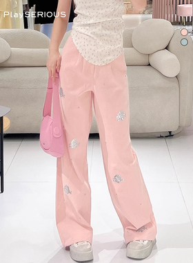 LUMING ROOM 夏季新款亮片花朵刺绣铆钉无腰头设计阔腿牛仔裤