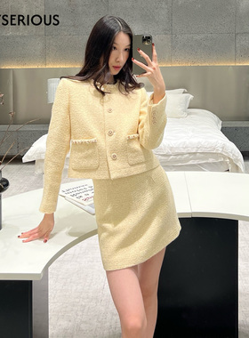 SSPARKLING2025秋冬新款淡黄色温柔小香风外套吊带半裙套装女