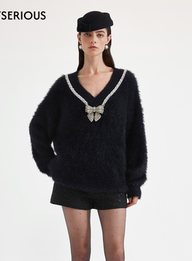 KINGWEN 2025秋季新款黑色蝴蝶结钻链毛衣女时尚设计感V领上衣