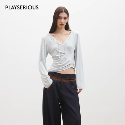 Medium Well 2026春夏新款V领不对称长袖T恤女休闲宽松上衣