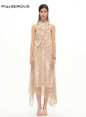 【豆豆Babe同款】CNLEEWEI 夏季新款挂脖珠片无袖背心鱼尾半裙