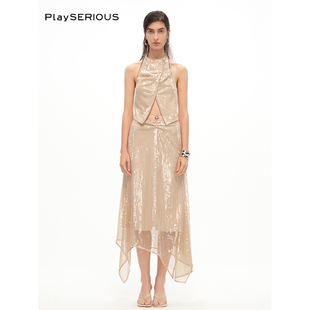 豆豆Babe同款 挂脖珠片无袖 CNLEEWEI 新款 背心鱼尾半裙 夏季