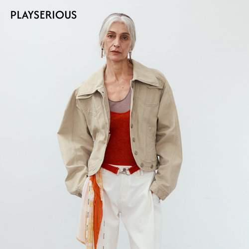 MEDIUM WELL 2025秋季新款沙卡水洗短夹克女复古翻领宽松夹克外套