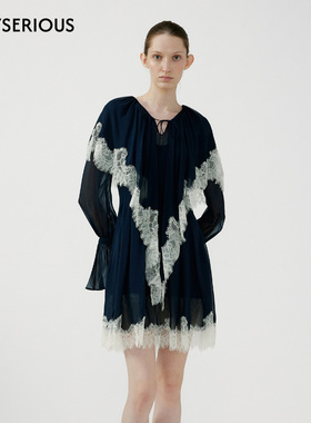 NONETONE 2026春季新款真丝蕾丝拼接V领系带荷叶边喇叭袖连衣裙