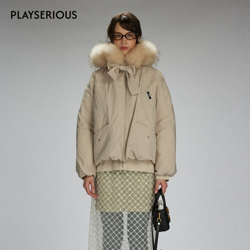 【祝绪丹同款】LACERTA25秋冬新款超大毛领连帽蝴蝶结绑带羽绒服