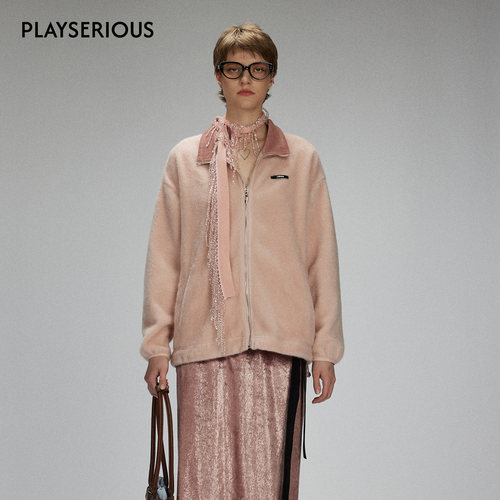 LACERTA 2025秋季新款休闲立领拉链羊毛卫衣女时尚百搭纯色卫衣