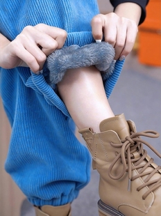 蓝色灯芯绒棉裤羊羔绒运动裤女款冬季2025小个子卫裤加绒加厚裤子