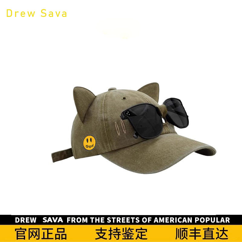 官方正品Drew Sava新款笑脸猫咪耳朵百搭棒球帽女韩版时尚鸭舌帽