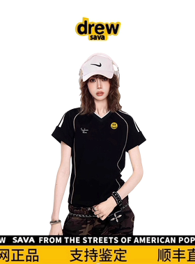 Drew House笑脸女士夏季黑色v领插肩正肩修身短款辣妹运动球衣T恤