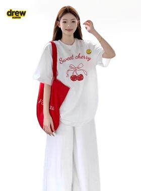 Drew House笑脸女士红色樱桃印花纯棉正肩短袖T恤上衣设计感小众