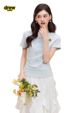 Drew House笑脸女士夏季褶皱收腰蓝色圆领短袖上衣别致设计感T恤