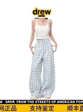 Drew House显瘦加厚蓝色格子裤女高腰辣妹拖地休闲裤宽松阔腿裤潮